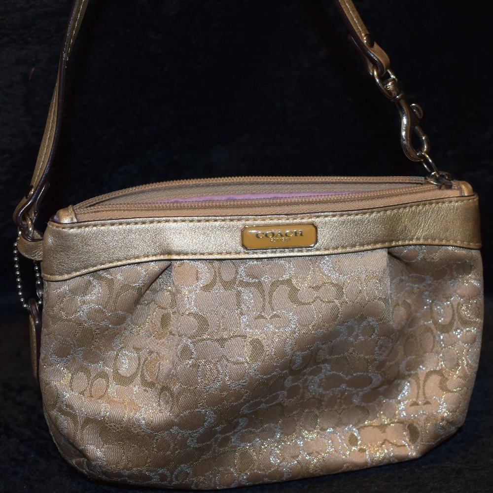 COACH Mini C Signature Gold/Silver Glitter Jacquard Small Wristlet